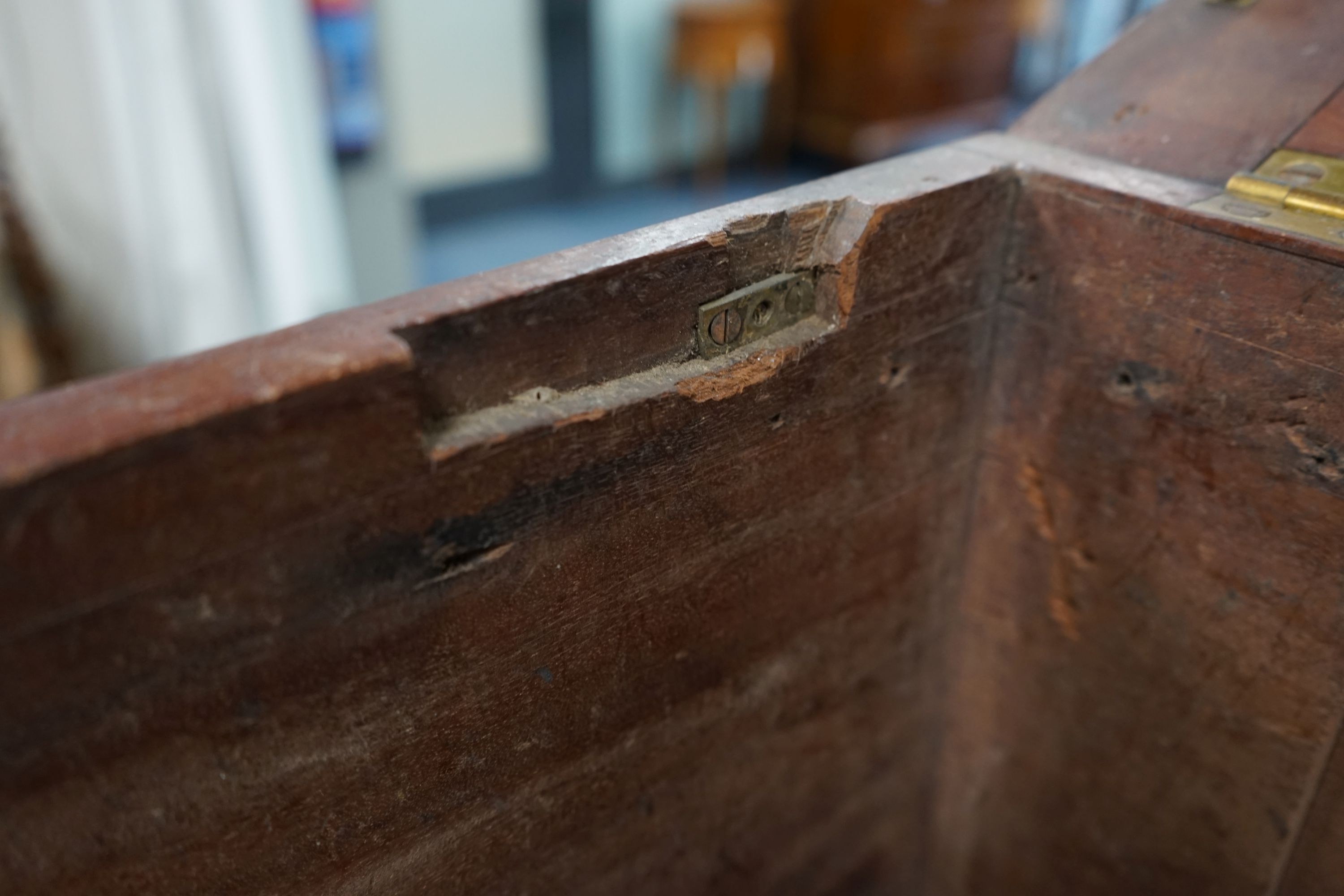 A 19th century brass-bound teak campaign trunk, having hinged top and side mounted carrying handles, width 55cm, depth 43cm, height 44cm